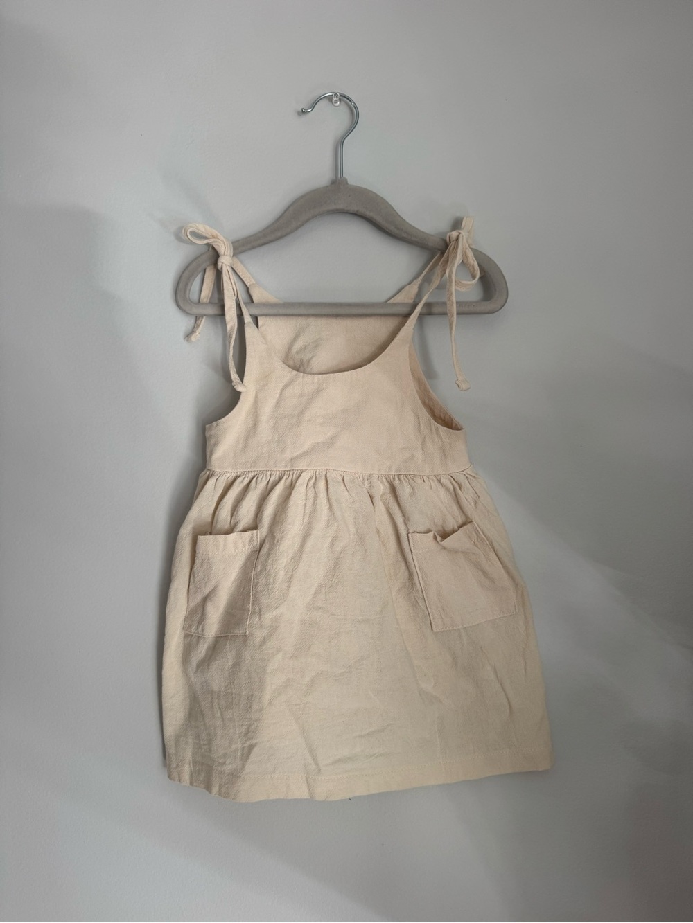 Girls Cream Tie-Shoulder Casual Sundress with Pockets